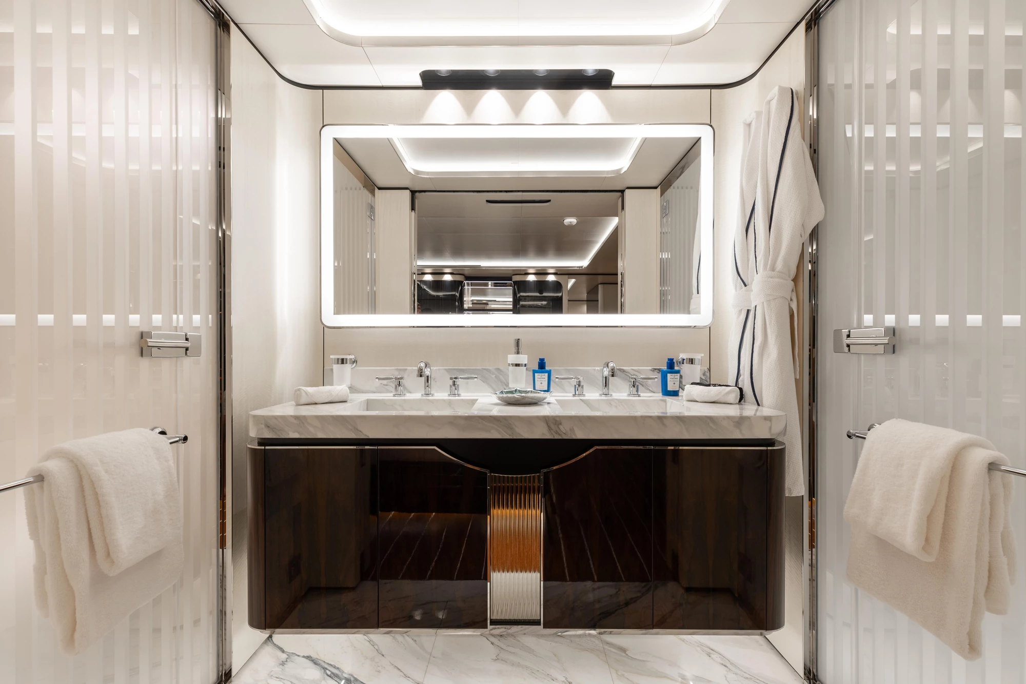 DAYBREAK guest cabin detail with Ziricote wood and leather accents
