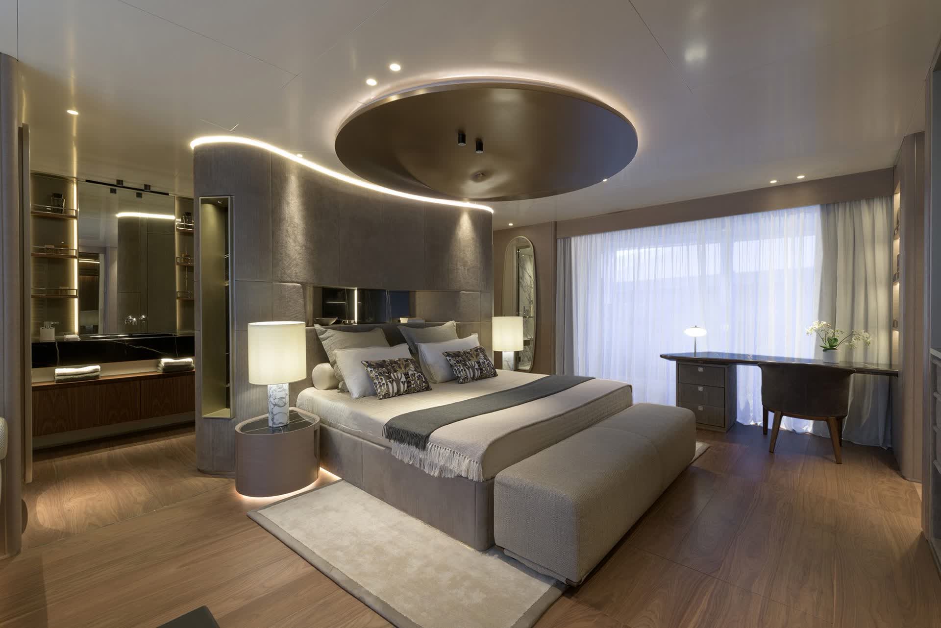 FLORENTIA Rossinavi interior dining area with warm leather and pale wood finishes
